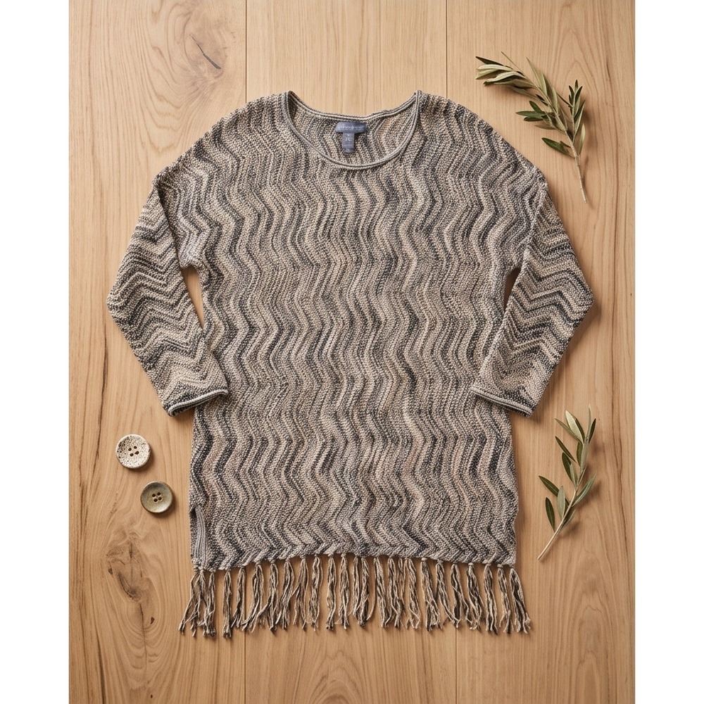 Chico's Travelers 2 Metallic Zig Zag Fringe Tunic Sweater Brown Gold *Defect*